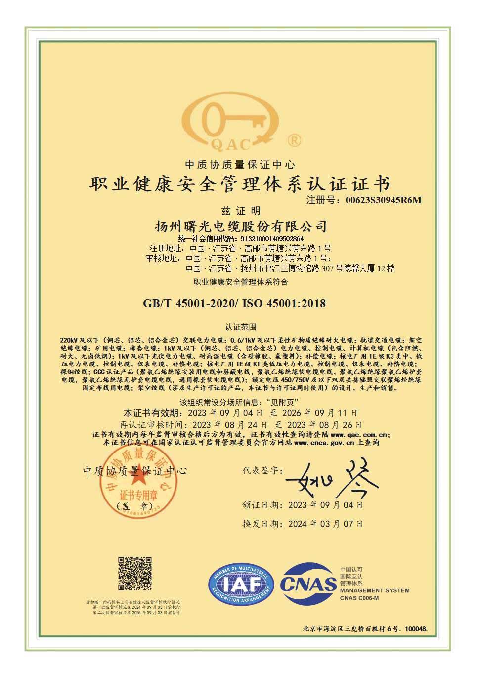 职业健全安全治理系统认证证书