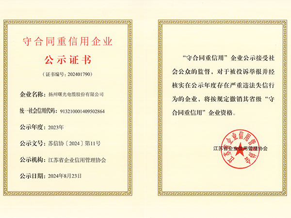 2024年守合同沉信誉企业公示证书